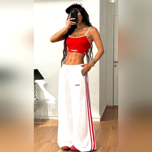 SHEIN Red and White Wide-Leg Track Pants - Picture 1 of 12